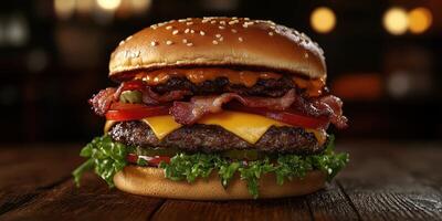 Delicious burger stacked with bacon, cheese, and fresh vegetables served on a rustic wooden table photo