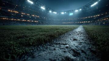 Spectacular night at the stadium showcases vibrant grass and empty stands before exciting soccer match begins photo