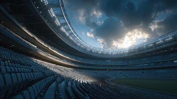 Stadium interior with empty stands illuminated by evening light showcasing an atmospheric sky and dramatic clouds photo