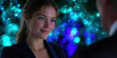 Enchanting moment between two people at a festive celebration under colorful lights photo