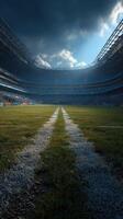 Exciting match atmosphere at a stadium with a perfectly maintained soccer field under dramatic cloudy sky photo