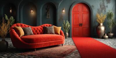 Red velvet couch in a stylish entryway with vibrant decor, welcoming atmosphere photo