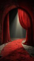 Red velvet curtains frame a dimly lit pathway leading into a mysterious underground space photo