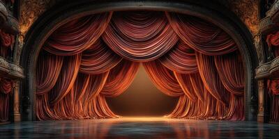 Dramatic stage curtains reveal a captivating performance setting in a historic theater during a vibrant evening show photo