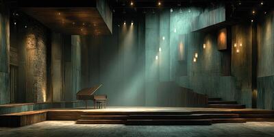 Stylish concert stage featuring a grand piano, softly illuminated by warm lights, creating a serene atmosphere for performances photo