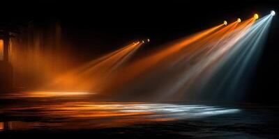 Colorful light beams illuminate a dark venue during a live performance at night photo