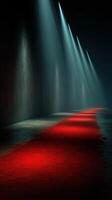 Glimmers of light illuminate a red carpet in a dimly lit corridor during an evening event setup photo