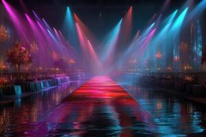 Elegant runway illuminated by vibrant lights and reflections in a grand venue at night photo