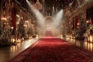 Stunning indoor festive setting with illuminated Christmas trees and elegant decorations during a holiday celebration photo