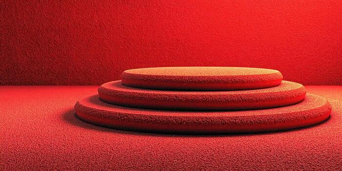 Vibrant red platform set against textured walls in a minimalist art space, showcasing a unique design for presentations or exhibitions photo