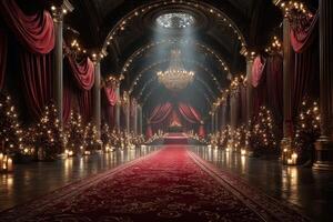 Elegant hall decorated for a grand festive celebration with lavish lights and Christmas trees photo