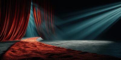 Curtains parting on a theater stage, revealing a lit pathway in a darkened space filled with anticipation photo