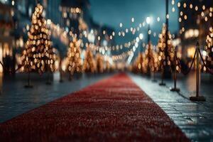 Elegant red carpet lined with festive lights and Christmas trees at a winter evening event in a bustling city photo