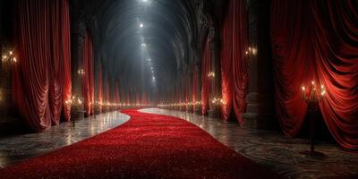 Elegant red carpet pathway illuminated by soft candlelight in a grand, dimly lit hall photo