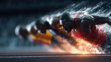 Runners explode from the starting blocks in a high-stakes sprint event during a track competition photo