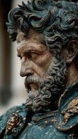 Portrait of a weathered warrior sculpture in a historical urban setting during midday photo