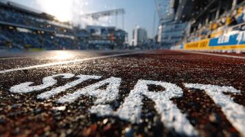 Excitement builds at the start line of a vibrant city track during a sunny day event photo