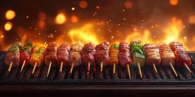 Grilled skewers on a barbecue with flames and smoke at a summer cookout in the evening photo