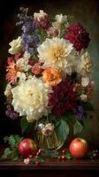 Vibrant floral arrangement with fresh apples on a wooden table in a warm, inviting setting photo