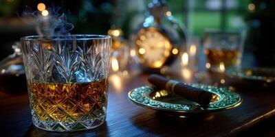 Elegant whiskey glass with steam, cigar, and vintage clock on a wooden table at dusk photo