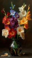 Beautiful bouquet of vibrant gladiolus flowers arranged in a glass vase on a dark background photo