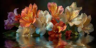 Vibrant bouquet of colorful flowers reflected in water surface creating a serene atmosphere photo