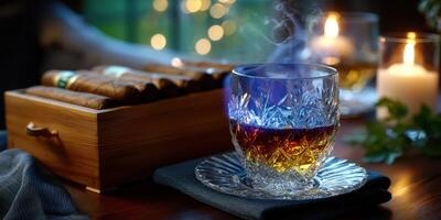 Elegant whiskey and cigar pairing in a cozy atmosphere with soft candlelight and warm ambiance photo