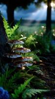 Mushrooms grow near a tree in a forest illuminated by sunlight during a serene early morning photo