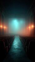 Empty theater with dim lighting and a large screen awaiting the beginning of a show at night photo