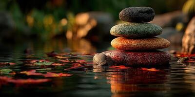 Serene stack of stones resting in tranquil water surrounded by autumn leaves at a peaceful garden photo