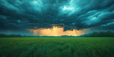 Dark storm clouds gather over a bright horizon in a vast green landscape before the rain falls photo
