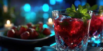 Refreshing drink with mint and strawberries at a vibrant evening gathering in a cozy setting photo