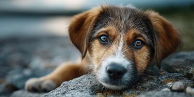 Cute puppy relaxing on a rocky surface by the water during a sunny afternoon photo
