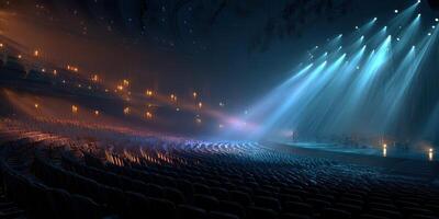 Dramatic theater interior illuminated by blue and orange lights with empty seats before the performance starts photo