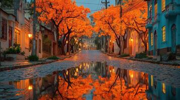 Street lined with vibrant orange trees reflecting in puddles during dusk in a charming neighborhood photo