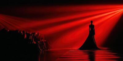 Fashion model walks the runway under dramatic red lighting at a high-profile fashion event in a bustling city photo