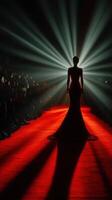 Fashion model showcases elegant gown on vibrant runway at glamorous evening event in a beautifully lit venue photo