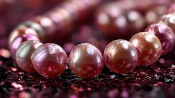 Beautiful pink pearl necklace on a sparkling surface showcasing luxury and elegance in jewelry design photo