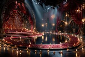 Elegant theater stage adorned with candles and red drapes creates a captivating atmosphere for a performance photo