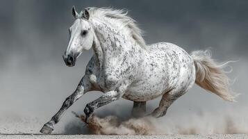 Powerful gray horse galloping swiftly across sandy terrain at dusk, showcasing speed and grace in a dramatic landscape photo