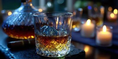 Glass of whiskey with ice surrounded by flickering candles on a dark table at a cozy evening gathering photo