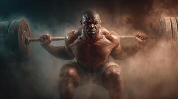 Weightlifter performs squat exercise in a gym with dramatic lighting and dust effects during a training session photo