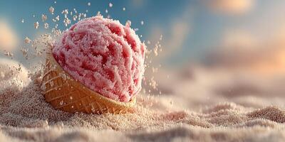 Delicious pink ice cream scoop falls out of waffle cone on sandy beach during sunset photo