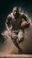 Basketball player sprinting through a cloud of dust during an intense training session at a gym photo