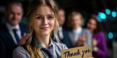 Celebration of achievement at a corporate event with a young woman holding a thank you card in front of clapping colleagues photo
