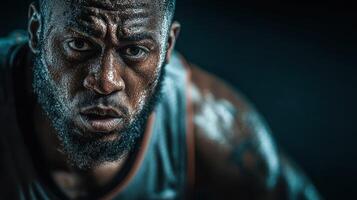 Intense athlete focusing during a training session in a dimly lit gym at night photo