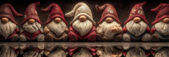 Colorful gnome figurines lined up on a reflective surface showcasing unique designs and expressions photo