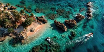 Vibrant turquoise waters surround rocky coastline with boats near tropical island at midday photo