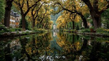 Stunning autumn reflection in a serene canal surrounded by vibrant golden trees in a picturesque setting photo