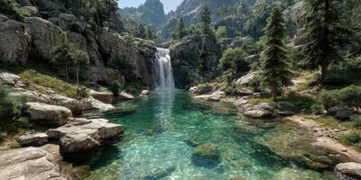 Tranquil waterfall cascading into clear blue pool surrounded by lush greenery in a mountainous landscape photo